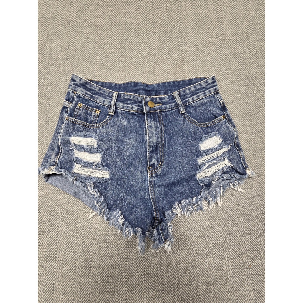 SHEIN Womens Distressed Denim Shorts Blue High Rise Frayed Hem Size M‎ 170/70B